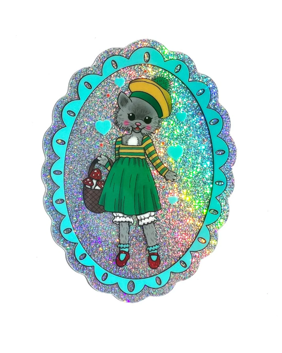 Astral Weekend - Kitty Cat Gathering Mushrooms Glitter Sticker - 3 Inch