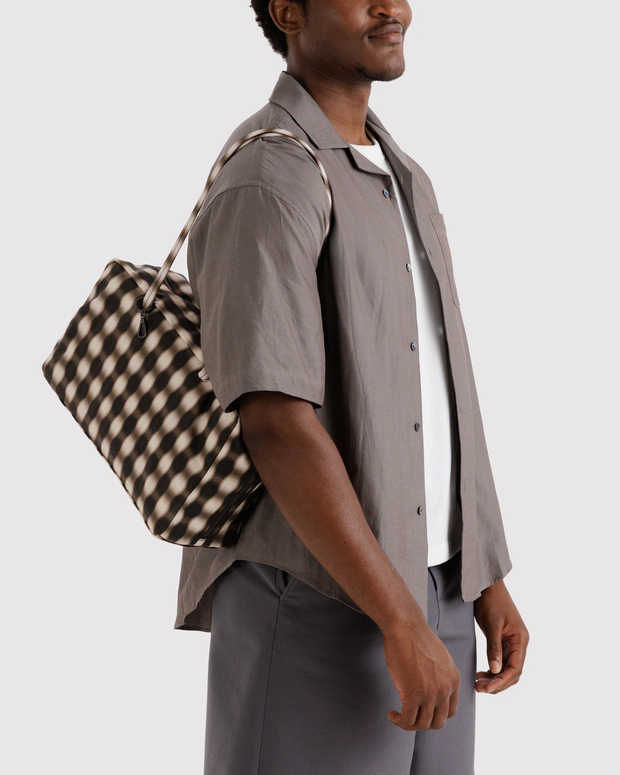 Baggu - Medium Nylon Bowler Bag - Blurred Gingham Brown - Image 3