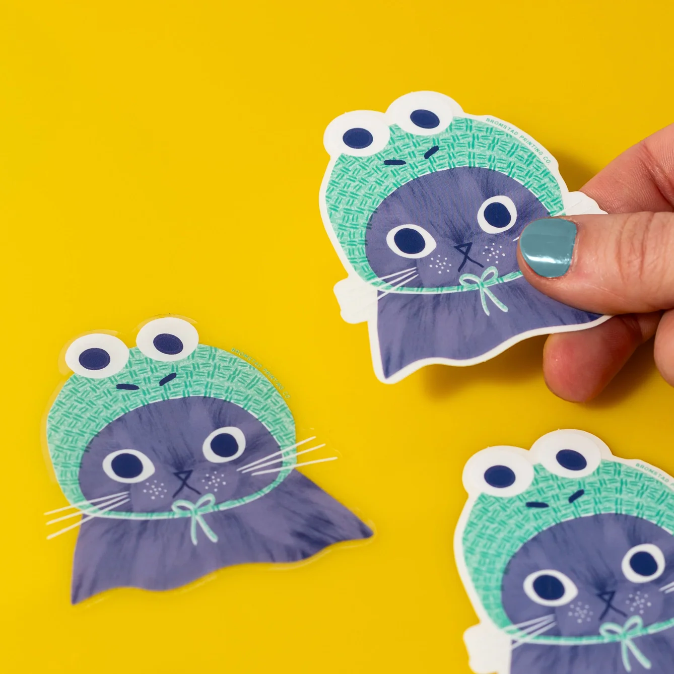 Bromstad Printing Co. - Clear Sticker - Frog Hat Cat - Image 2
