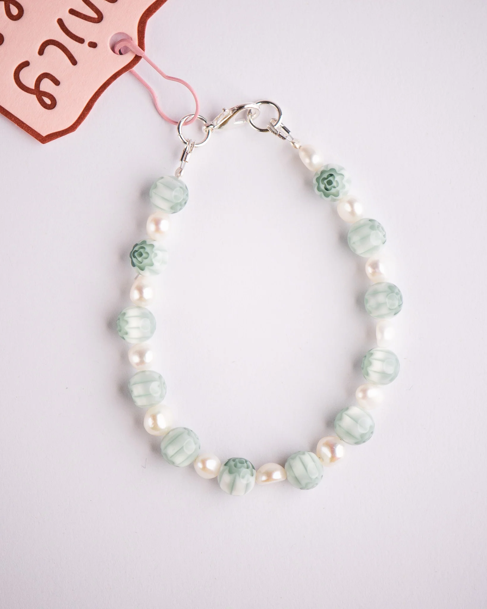 Emily Green - Millefiori & Pearl Bracelet - Sage