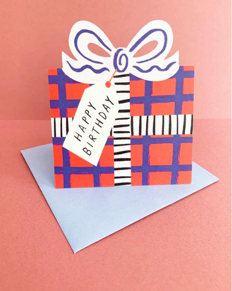 Kitty Kenda Papergoods - Birthday Bow Shaped Greeting Card - Blue Red Check